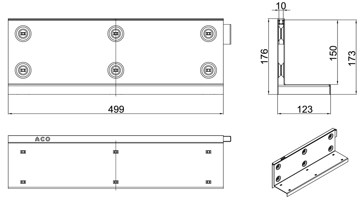 Esquema técnico de la reja para canal MULTIDRIAN/MULTILINE/XTRADRAIN 100, reja brickslot-ST L H150 en acero galvanizado de dimensiones L500 A123 H173 sin sistema de fijación, clase de carga C250.