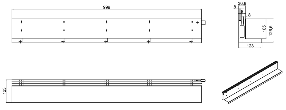 Esquema técnico da grelha para canal MULTIDRIAN/MULTILINE/XTRADRAIN 100, grelha brickslot-ST L H105 triplo em aço inoxidável AISI304 da dimensões L1000 A123 H129 sem sistema de fixação, classe de carga C250.