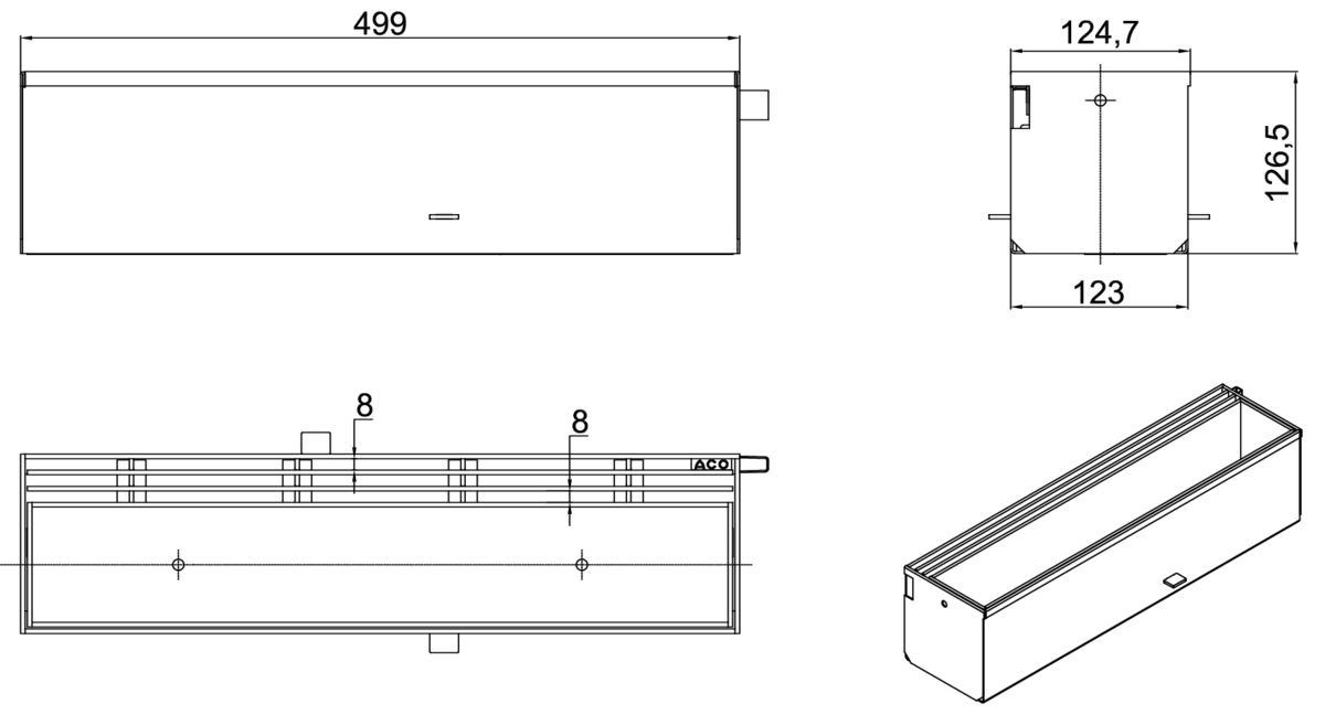 Esquema técnico da grelha de inspecção para canal MULTIDRIAN/MULTILINE/XTRADRAIN 100, grelha brickslot-ST L H105 triplo em aço inoxidável AISI304 da dimensões L500 A123 H129 sem sistema de fixação, classe de carga C250.