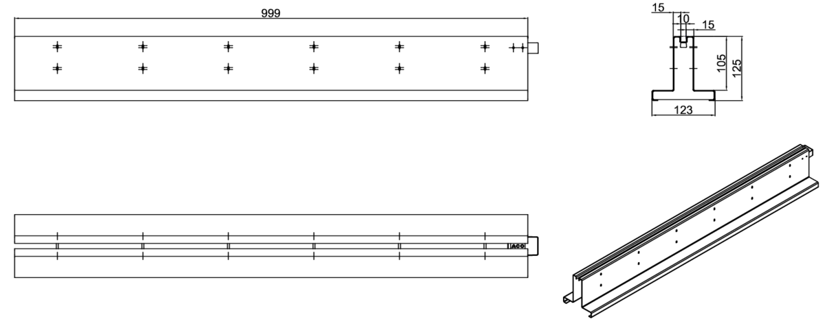 00445944 Esquema técnico de la reja para canal MULTIDRIAN/MULTILINE/XTRADRAIN 100, reja brickslot-ST L H105 strip en acero inoxidable AISI304 de dimensiones L1000 A123 H129 sin sistema de fijación, clase de carga C250.
