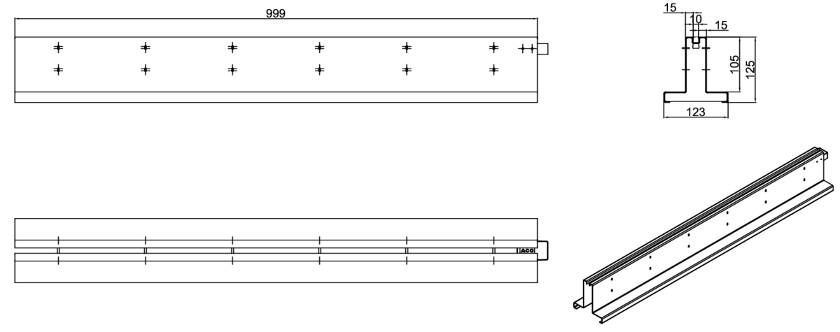 Esquema técnico da grelha para canal MULTIDRIAN/MULTILINE/XTRADRAIN 100, grelha brickslot-ST L H105 strip em aço inoxidável AISI304 da dimensões L1000 A123 H129 sem sistema de fixação, classe de carga C250.