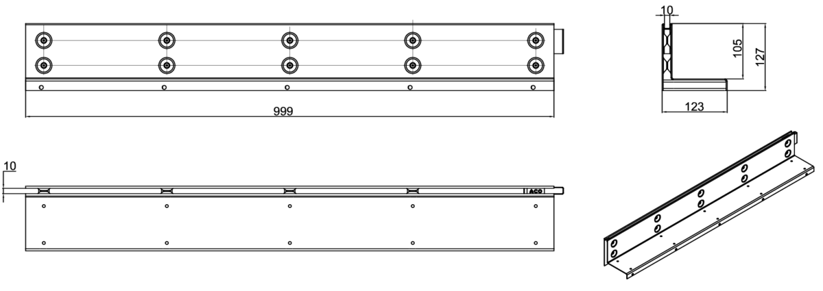 00446015 Esquema técnico de la reja para canal MULTIDRIAN/MULTILINE/XTRADRAIN 100, reja brickslot-ST L H105 en acero galvanizado de dimensiones L1000 A123 H129 sin sistema de fijación, clase de carga D400.