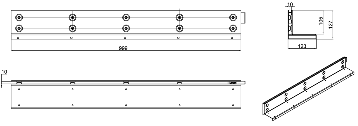 Esquema técnico de la reja para canal MULTIDRIAN/MULTILINE/XTRADRAIN 100, reja brickslot-ST L H105 en acero galvanizado de dimensiones L1000 A123 H129 sin sistema de fijación, clase de carga D400.