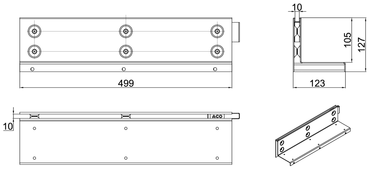 00446016 Esquema técnico de la reja para canal MULTIDRIAN/MULTILINE/XTRADRAIN 100, reja brickslot-ST L H105 en acero galvanizado de dimensiones L500 A123 H129 sin sistema de fijación, clase de carga D400.