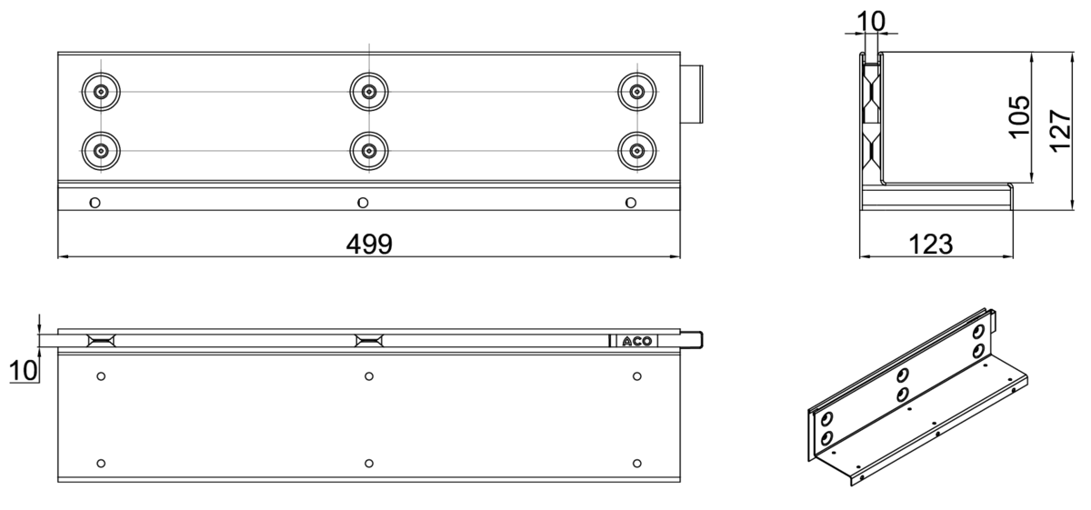 Esquema técnico da grelha para canal MULTIDRIAN/MULTILINE/XTRADRAIN 100, grelha brickslot-ST L H105 em aço galvanizado da dimensões L500 A123 H129 sem sistema de fixação, classe de carga D400.