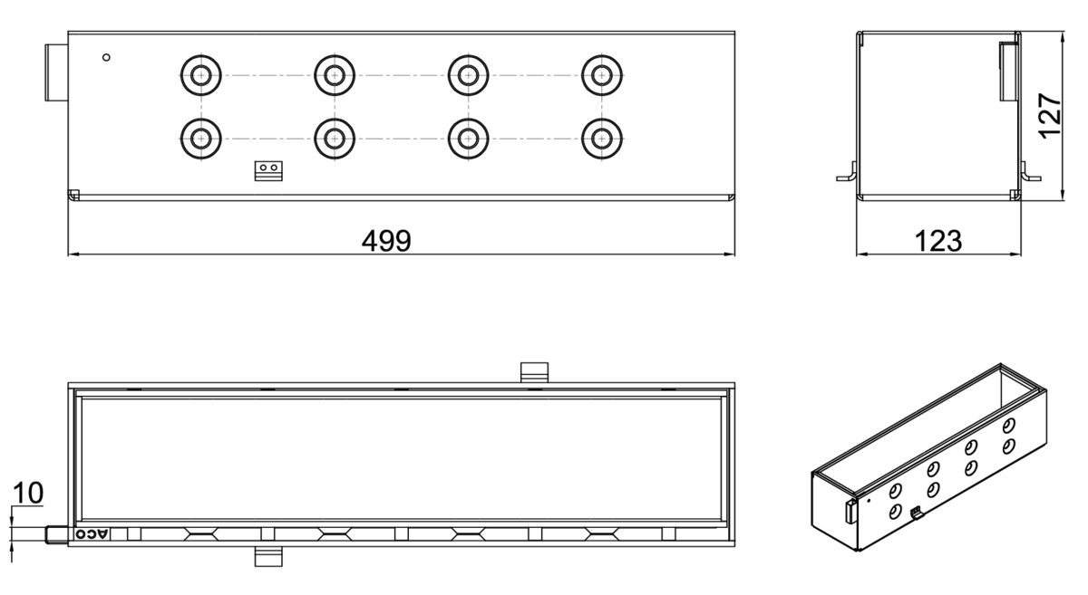00446017 Esquema técnico de la reja de inspección para canal MULTIDRIAN/MULTILINE/XTRADRAIN 100, reja brickslot-ST L H105 en acero galvanizado de dimensiones L500 A123 H173 sin sistema de fijación, clase de carga D400.