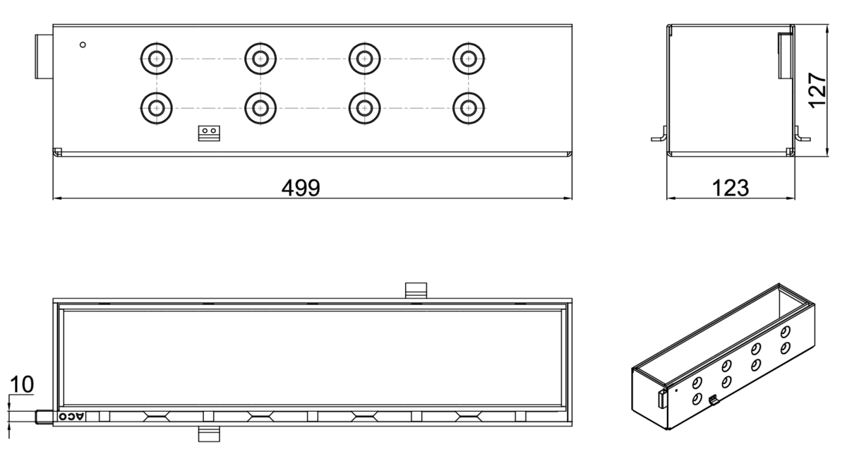 Esquema técnico da grelha de inspecção para canal MULTIDRIAN/MULTILINE/XTRADRAIN 100, grelha brickslot-ST L H105 em aço galvanizado da dimensões L500 A123 H173 sem sistema de fixação, classe de carga D400.