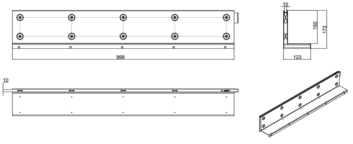 Esquema técnico de la reja para canal MULTIDRIAN/MULTILINE/XTRADRAIN 100, reja brickslot-ST L H150 en acero galvanizado de dimensiones L1000 A123 H177 sin sistema de fijación, clase de carga D400.