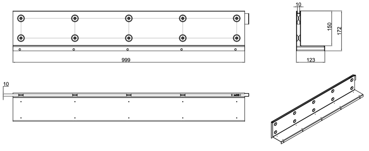 00446021 Esquema técnico de la reja para canal MULTIDRIAN/MULTILINE/XTRADRAIN 100, reja brickslot-ST L H150 en acero galvanizado de dimensiones L1000 A123 H177 sin sistema de fijación, clase de carga D400.