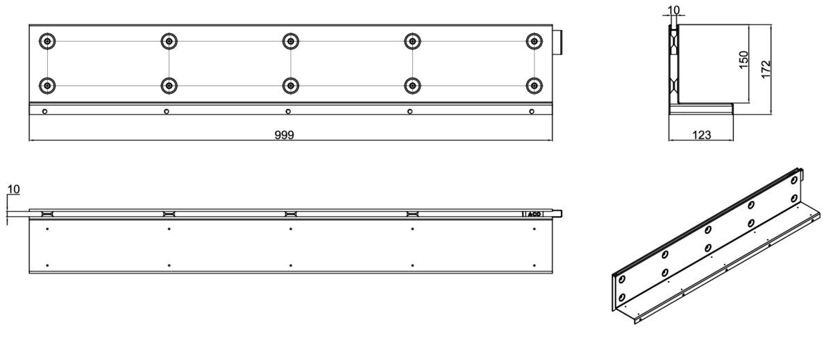 Esquema técnico da grelha para canal MULTIDRIAN/MULTILINE/XTRADRAIN 100, grelha brickslot-ST L H150 em aço galvanizado da dimensões L1000 A123 H177 sem sistema de fixação, classe de carga D400.