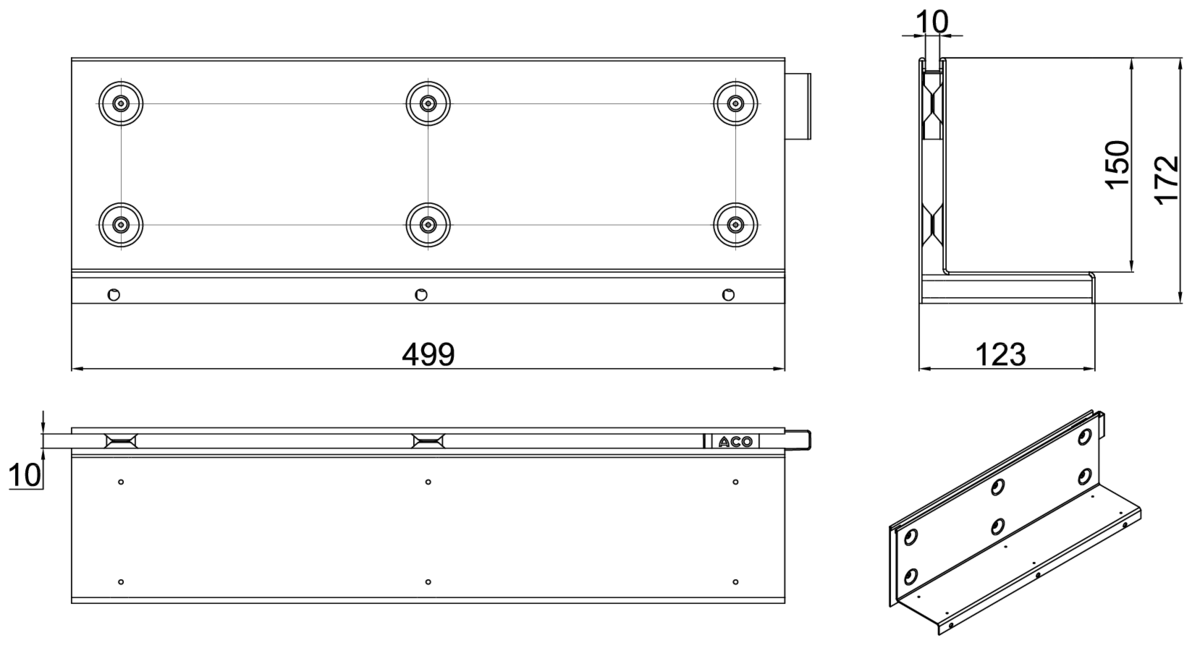 Esquema técnico da grelha para canal MULTIDRIAN/MULTILINE/XTRADRAIN 100, grelha brickslot-ST L H150 em aço galvanizado da dimensões L500 A123 H177 sem sistema de fixação, classe de carga D400.