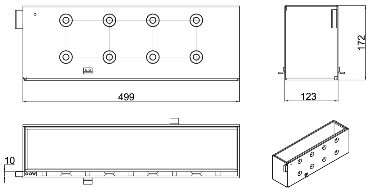 Esquema técnico de la reja de inspección para canal MULTIDRIAN/MULTILINE/XTRADRAIN 100, reja brickslot-ST L H150 en acero galvanizado de dimensiones L500 A123 H173 sin sistema de fijación, clase de carga D400.