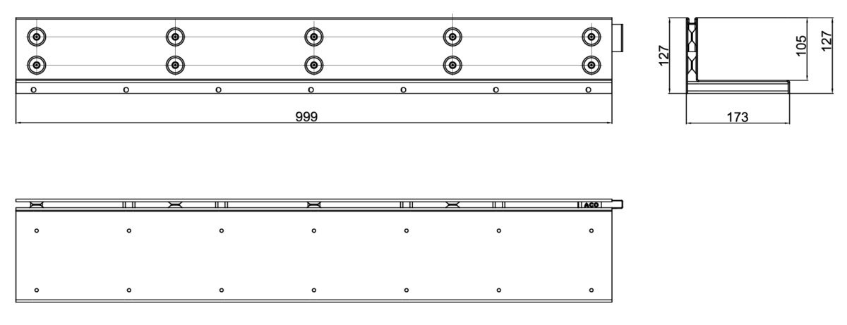 Esquema técnico de la reja para canal MULTIDRIAN/MULTILINE/XTRADRAIN 100, reja brickslot-ST L H105 en acero galvanizado de dimensiones L1000 A173 H127 sin sistema de fijación, clase de carga D400.