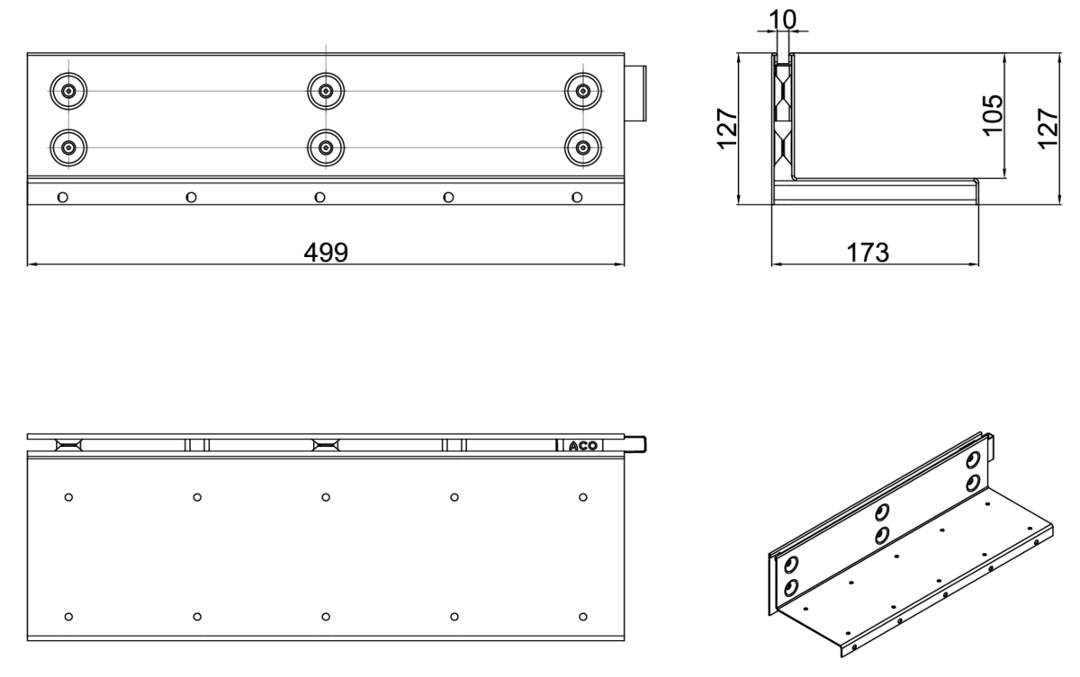 Esquema técnico de la reja para canal MULTIDRIAN/MULTILINE/XTRADRAIN 150, reja brickslot-ST L H105 en acero galvanizado de dimensiones L500 A173 H127 sin sistema de fijación, clase de carga D400.