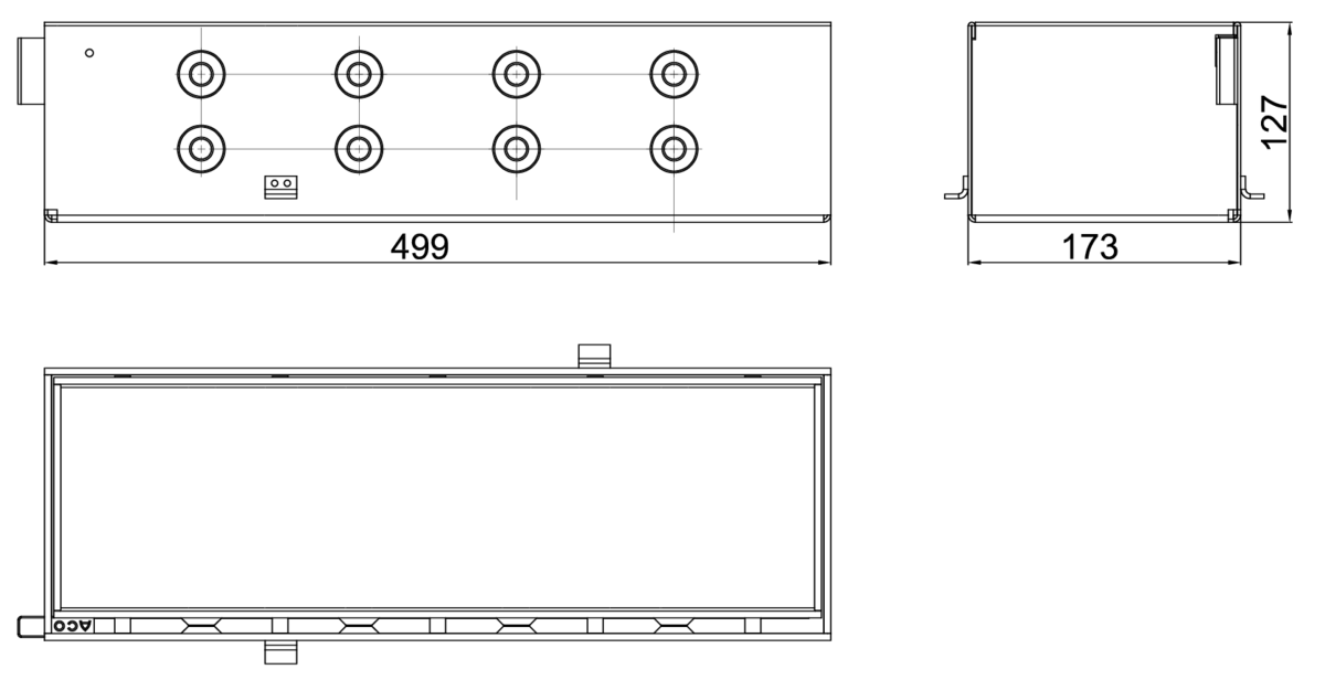 Esquema técnico de la reja registro para canal MULTIDRIAN/MULTILINE/XTRADRAIN 150, reja brickslot L H105 en acero galvanizado de dimensiones L500 A173 H127 sin sistema de fijación, clase de carga D400.