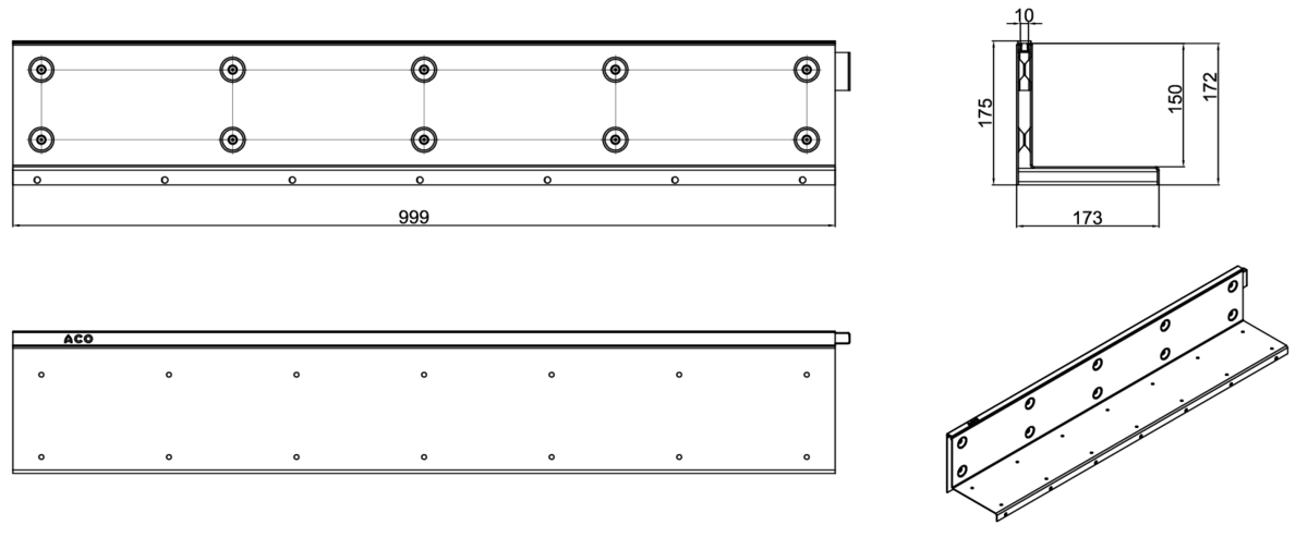 Esquema técnico de la reja para canal MULTIDRIAN/MULTILINE/XTRADRAIN 150, reja brickslot-ST L H150 en acero galvanizado de dimensiones L1000 A173 H177 sin sistema de fijación, clase de carga D400.