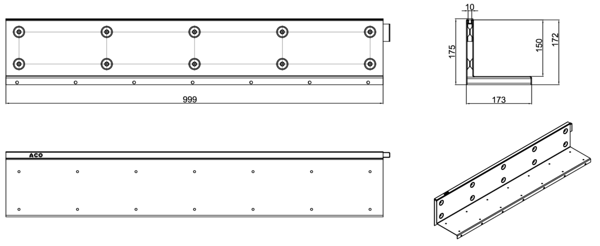 Esquema técnico da grelha para canal MULTIDRIAN/MULTILINE/XTRADRAIN 150, grelha brickslot-ST L H150 em aço galvanizado da dimensões L1000 A173 H177 sem sistema de fixação, classe de carga D400.