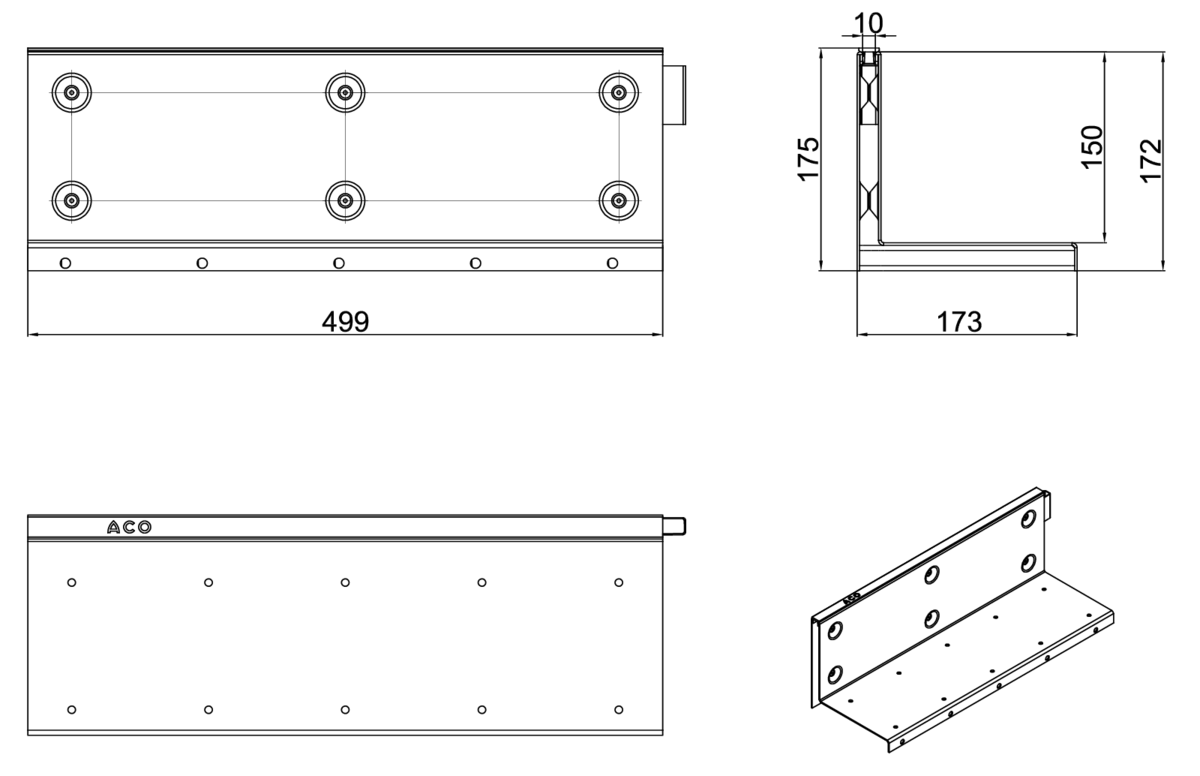 Esquema técnico da grelha para canal MULTIDRIAN/MULTILINE/XTRADRAIN 150, grelha brickslot-ST L H150 em aço galvanizado da dimensões L500 A173 H177 sem sistema de fixação, classe de carga D400.