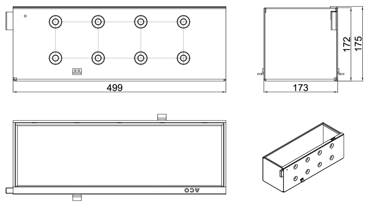 Esquema técnico da grelha de inspecção para canal MULTIDRIAN/MULTILINE/XTRADRAIN 150, grelha brickslot L H150 em aço galvanizado da dimensões L500 A173 H177 sem sistema de fixação, classe de carga D400.