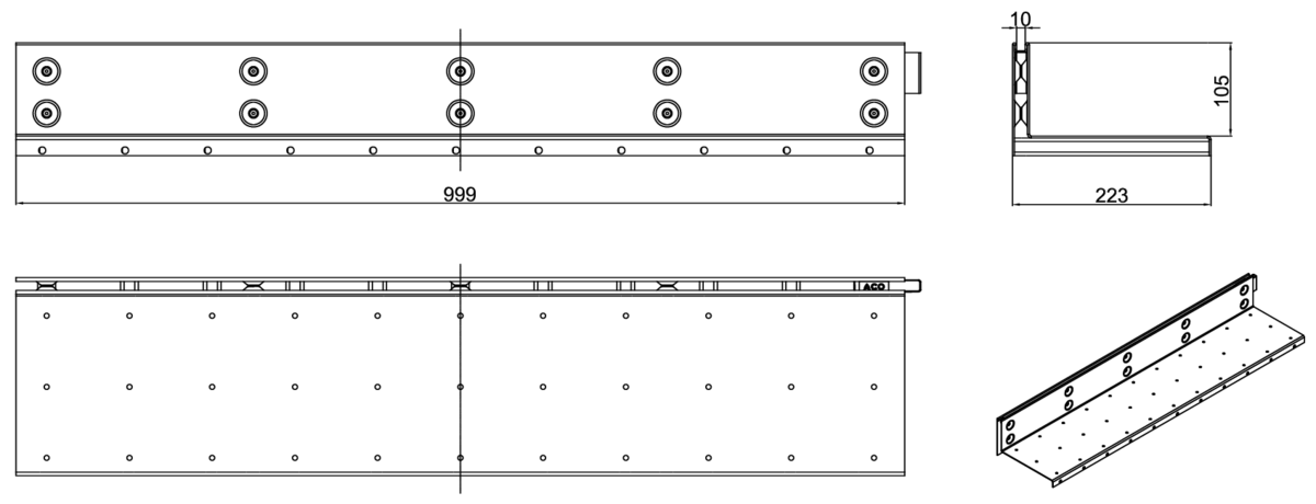 Esquema técnico de la reja para canal MULTIDRIAN/MULTILINE/XTRADRAIN 200, reja brickslot-ST L H105 en acero galvanizado de dimensiones L1000 A223 H127 sin sistema de fijación, clase de carga D400.