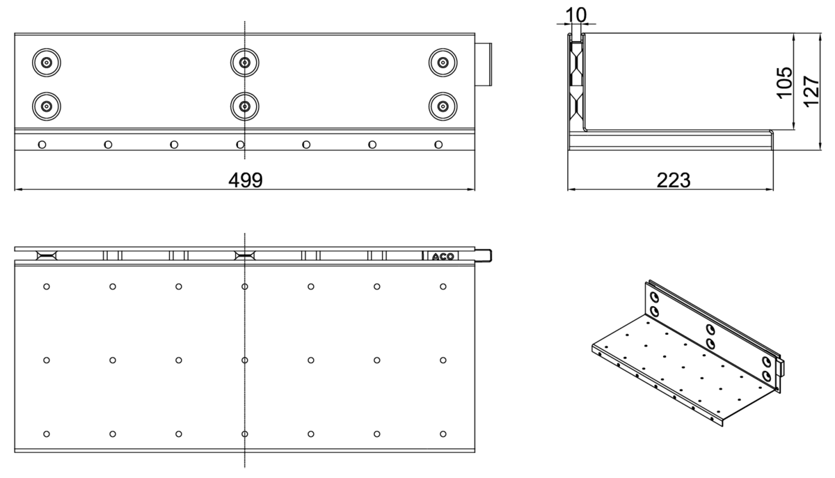 00446040 Esquema técnico de la reja para canal MULTIDRIAN/MULTILINE/XTRADRAIN 200, reja brickslot-ST L H105 en acero galvanizado de dimensiones L500 A223 H127 sin sistema de fijación, clase de carga D400.