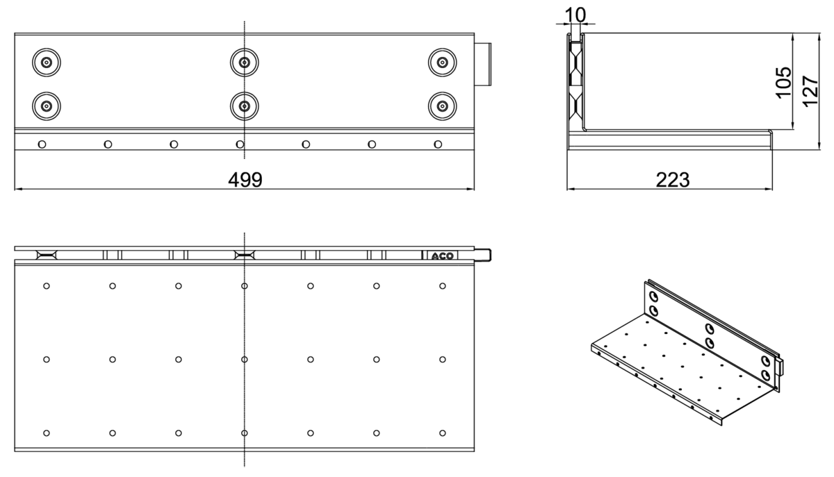 Esquema técnico da grelha para canal MULTIDRIAN/MULTILINE/XTRADRAIN 200, grelha brickslot-ST L H105 em aço galvanizado da dimensões L500 A223 H127 sem sistema de fixação, classe de carga D400.