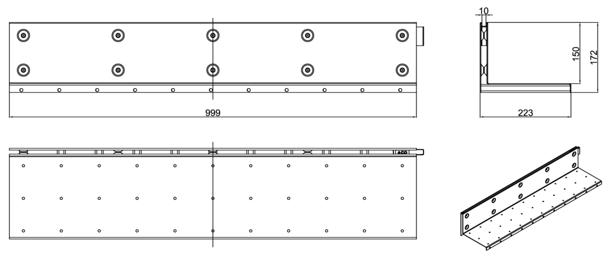 Esquema técnico de la reja para canal MULTIDRIAN/MULTILINE/XTRADRAIN 200, reja brickslot-ST L H150 en acero galvanizado de dimensiones L1000 A223 H177 sin sistema de fijación, clase de carga D400.