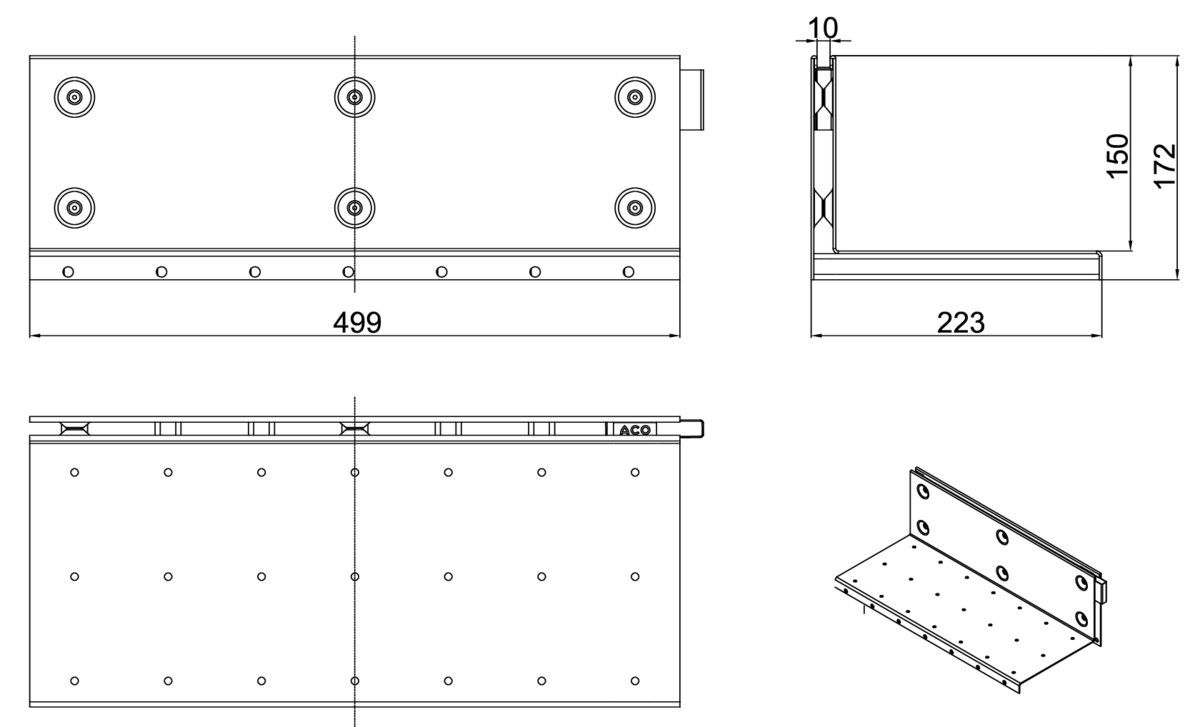 Esquema técnico de la reja para canal MULTIDRIAN/MULTILINE/XTRADRAIN 200, reja brickslot-ST L H150 en acero galvanizado de dimensiones L500 A223 H177 sin sistema de fijación, clase de carga D400.