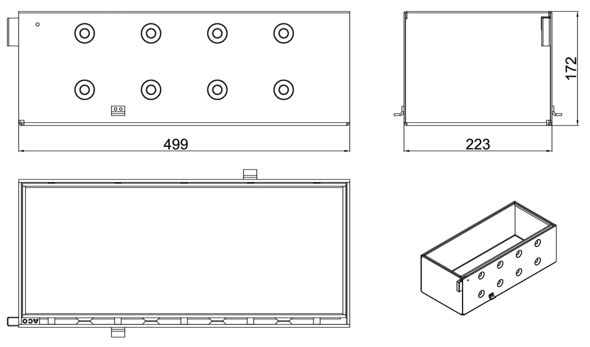 Esquema técnico de la reja registro para canal MULTIDRIAN/MULTILINE/XTRADRAIN 200, reja brickslot-ST L H150 en acero galvanizado de dimensiones L500 A223 H177 sin sistema de fijación, clase de carga D400.