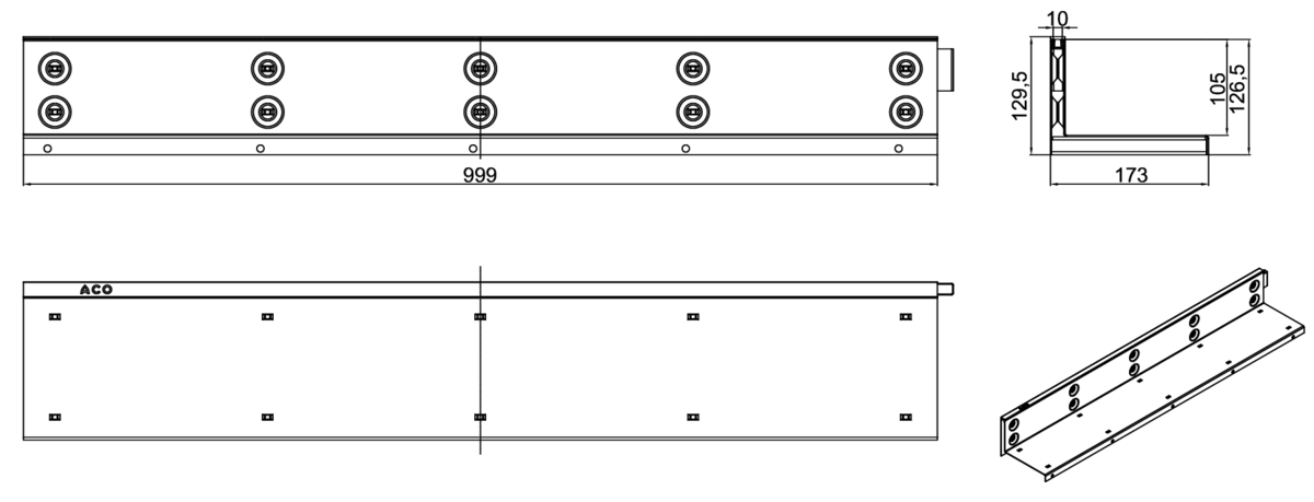 Esquema técnico da grelha para canal MULTIDRIAN/MULTILINE/XTRADRAIN 150, grelha brickslot-ST L H105 em aço galvanizado da dimensões L1000 A173 H127 sem sistema de fixação, classe de carga C250.