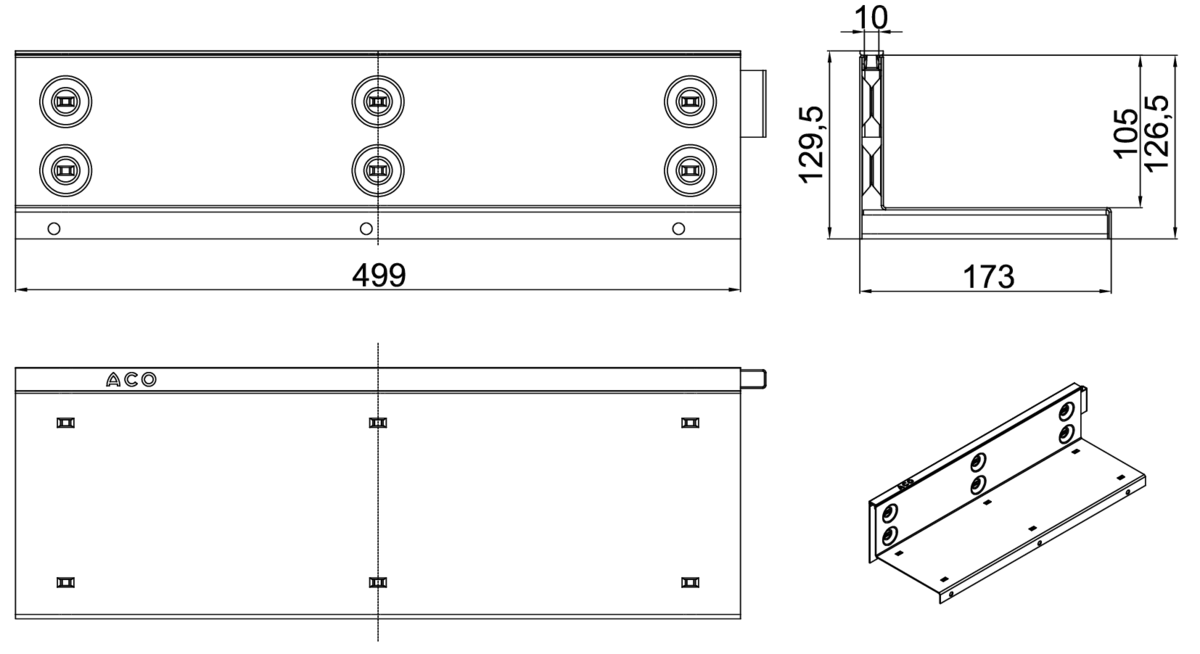 Esquema técnico da grelha para canal MULTIDRIAN/MULTILINE/XTRADRAIN 150, grelha brickslot-ST L H105 em aço galvanizado da dimensões L500 A173 H127 sem sistema de fixação, classe de carga C250.