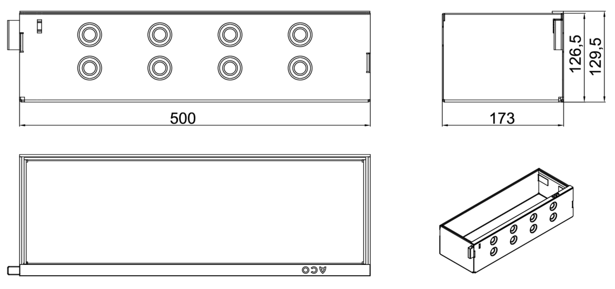 Esquema técnico da grelha de inspecção para canal MULTIDRIAN/MULTILINE/XTRADRAIN 150, grelha brickslot L H105 em aço galvanizado da dimensões L500 A173 H127 sem sistema de fixação, classe de carga C250.