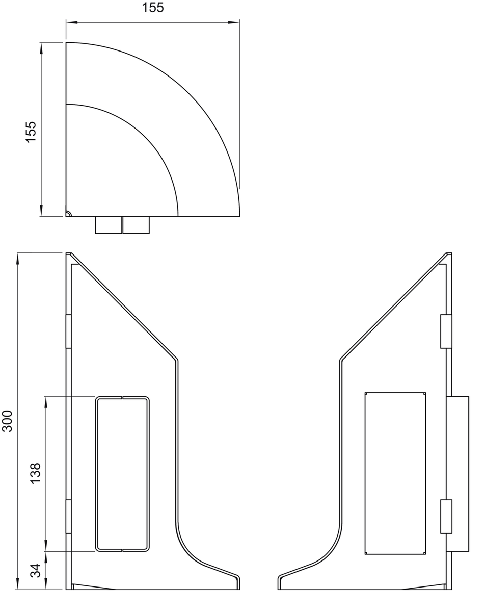 00446232 Esquema técnico do rodapés de proteção KERB SS SINGLE, peça para canto externo de L155X155 H300 em aço inoxidável AISI316