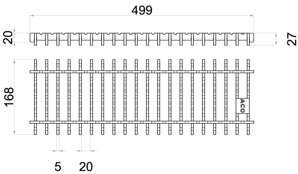 Esquema técnico de la reja para canal BOX HF, reja frameless en acero inoxidable AISI304 de dimensiones L500 A168 H20/27x5 sin sistema de fijación, clase de carga M125.
