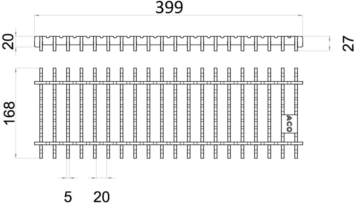 Esquema técnico de la reja para canal BOX HF, reja frameless en acero inoxidable AISI304 de dimensiones L400 A168 H20/27x5 sin sistema de fijación, clase de carga M125.