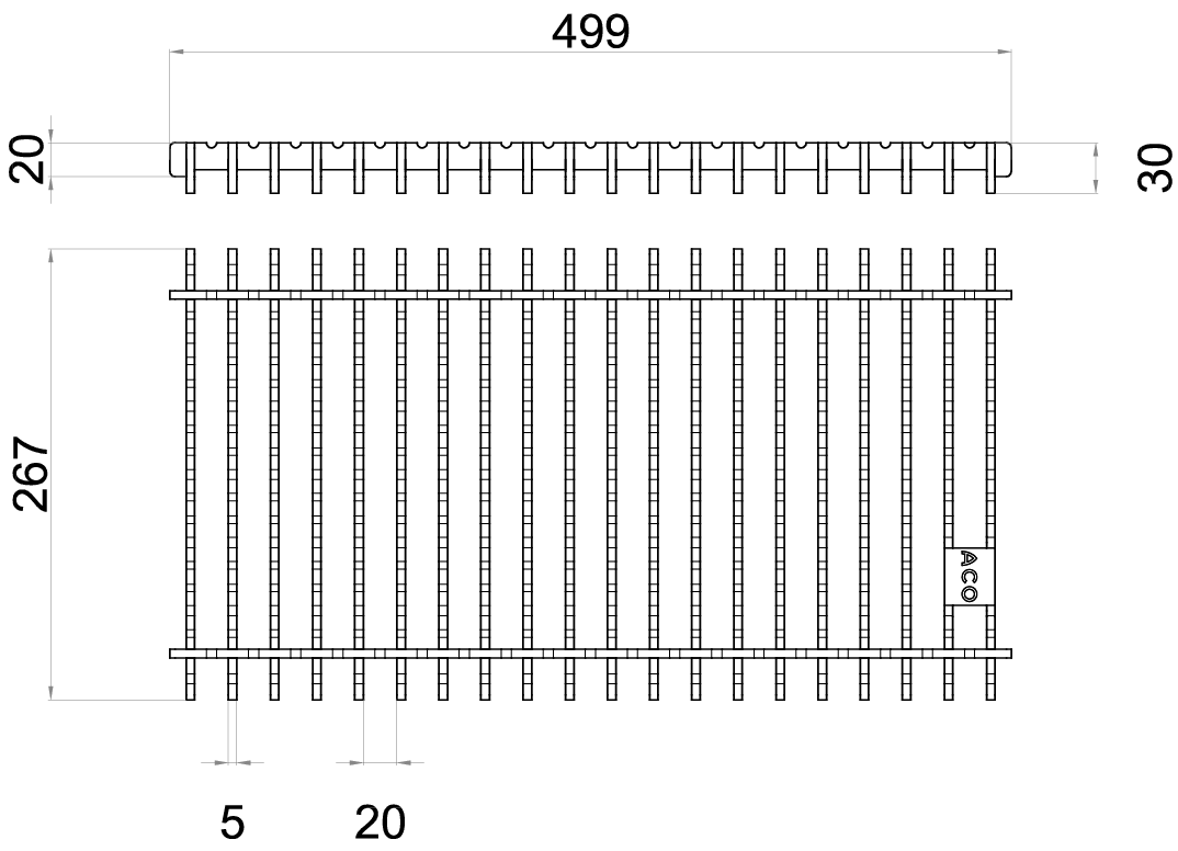 Esquema técnico de la reja para canal BOX HF, reja frameless en acero inoxidable AISI304 de dimensiones L500 A268 H20/30x5 sin sistema de fijación, clase de carga M125.