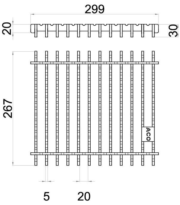 Esquema técnico de la reja para canal BOX HF, reja frameless en acero inoxidable AISI304 de dimensiones L300 A268 H20/30x5 sin sistema de fijación, clase de carga M125.