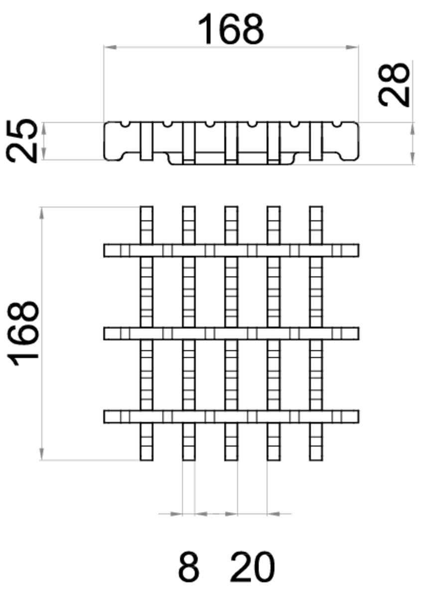 Esquema técnico da grelha para sumidouro EG, grelha frameless em aço inoxidável AISI304 da dimensões L168 A168 H28 sem sistema de fixação, classe de carga M125.