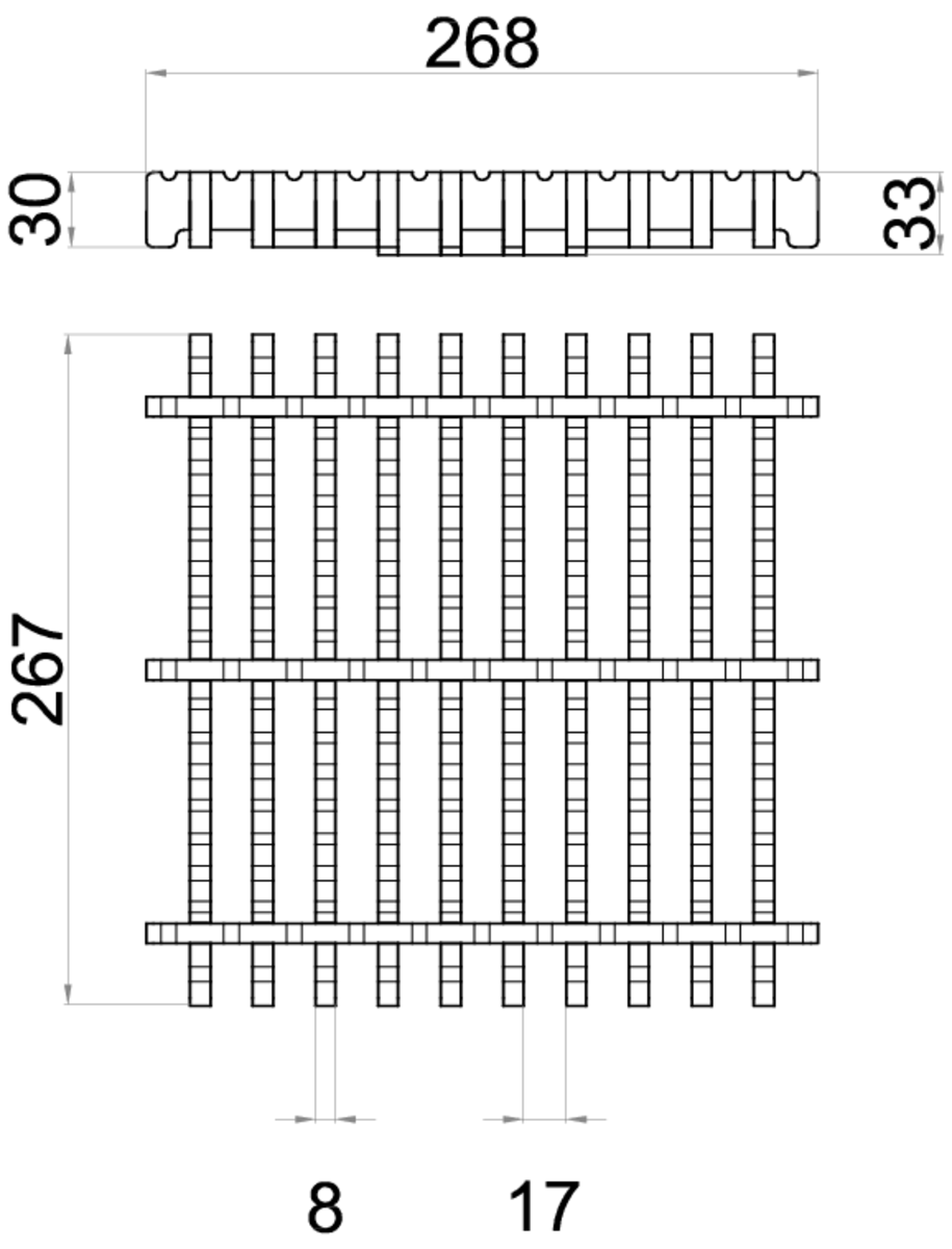 Esquema técnico da grelha para sumidouro EG, grelha frameless em aço inoxidável AISI304 da dimensões L268 A268 H30 sem sistema de fixação, classe de carga M125.