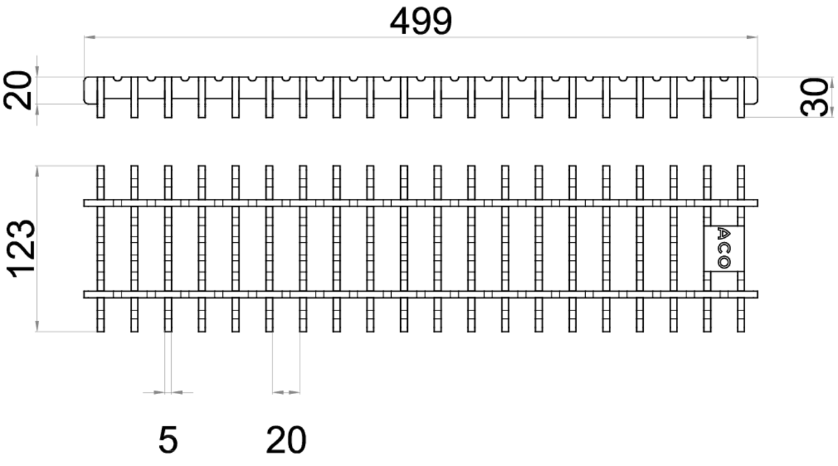 00446276 Esquema técnico de la reja para canal Modular 125, reja frameless en acero inoxidable AISI304 de dimensiones L500 A125 H20/30 sin sistema de fijación, clase de carga C250.