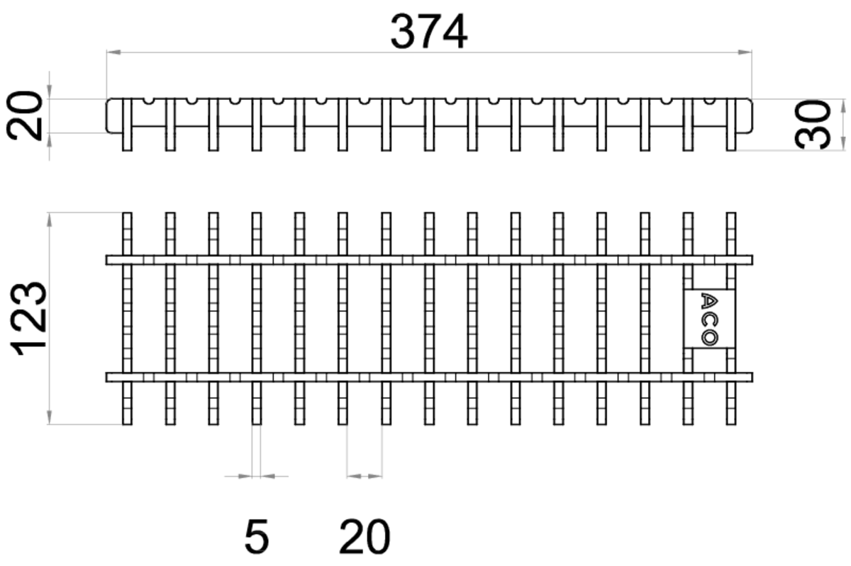 00446280 Esquema técnico de la reja para canal Modular 125, reja frameless en acero inoxidable AISI304 de dimensiones L374 A125 H20/30 sin sistema de fijación, clase de carga C250.