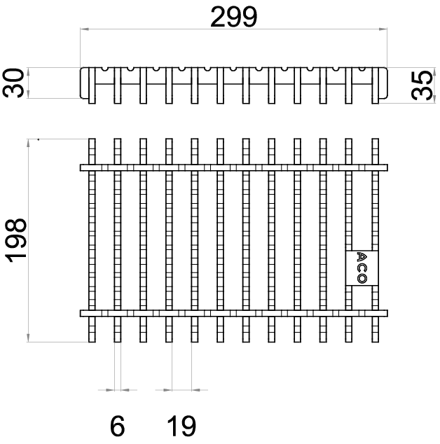 00446288 Esquema técnico de la reja para canal Modular 200, reja frameless en acero inoxidable AISI304 de dimensiones L300 A198 H30/35 sin sistema de fijación, clase de carga C250.