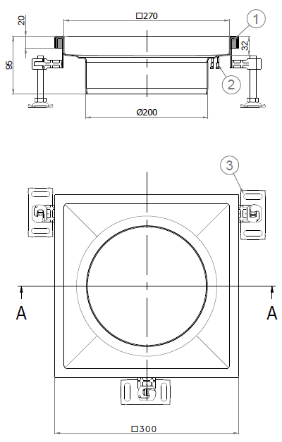 00446402_2D Esquema CAD em formato .png do corpo de ralo higiênico ACO EG 300x300 quadrado em aço inoxidável AISI304 com enchimento da flange de PUR, com conexão Ø200 para fundo Ø220.