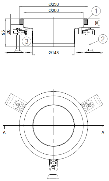 00446750_2D Esquema CAD em formato .png do corpo de ralo higiênico ACO EG Ø230 redondo em aço inoxidável AISI304 com enchimento da flange de PUR, com conexão Ø142 para fundo Ø157.