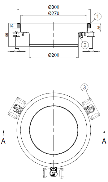 00446764_2D Esquema CAD em formato .png do corpo de ralo higiênico ACO EG Ø300 redondo em aço inoxidável AISI304 com enchimento da flange de PUR, com conexão Ø200 para fundo Ø220.