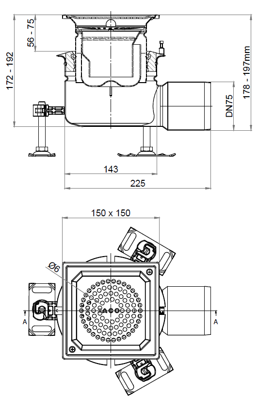 00447201_2D Esquema 2D do conjunto ACO EG150 00447201 que consiste no corpo com grelha 00447114, fundo 00447103?? e cesto 00097235.