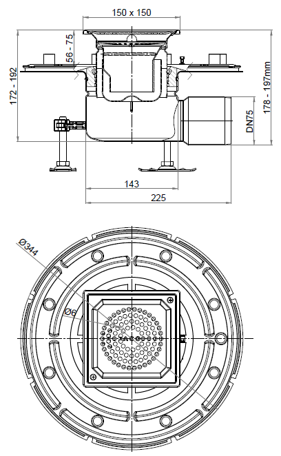 Esquema 2D del conjunto ACO EG150 HF 00447202 compuesto por el cuerpo y reja 00447114, el fondo 00447106?? y el cestillo 00097235.