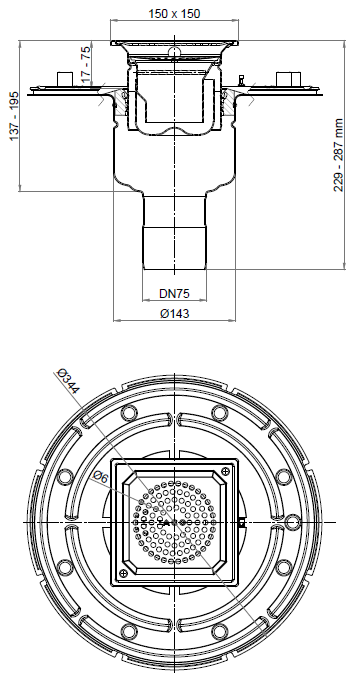 Esquema 2D del conjunto ACO EG150 HF 00447211 compuesto por el cuerpo y reja 00447114, el fondo 00414712?? y el cestillo 00097235.