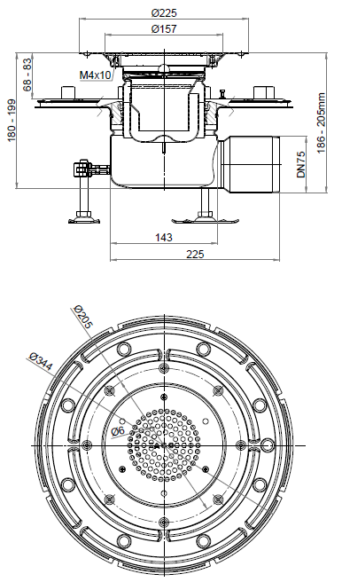 00447214_2D Esquema 2D del conjunto ACO EG150 HF 00447214 compuesto por el cuerpo y reja 00447115, el fondo 00447106?? y el cestillo 00097235.