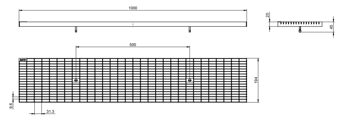 00622503 Esquema técnico da grelha para canal PROFILINE/ROOFLINE, grelha entramada em aço galvanizado da dimensões L1000 A200 H20 com sistema de fixação, classe de carga pedonal.